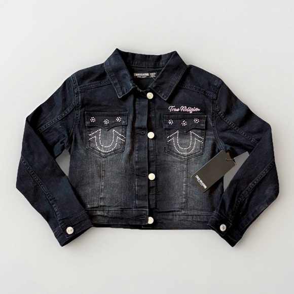NWT True Religion GIRLS' LEOPARD DENIM JACKET Size 10/12 Black